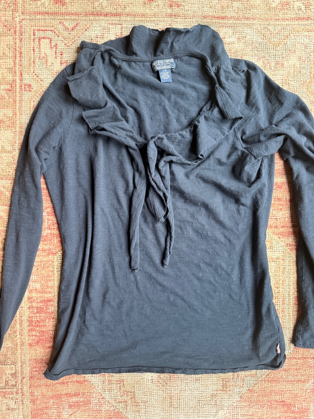 Polo by Ralph Lauren Dark Navy Ruffle Tie-Neck Long Sleeve Top